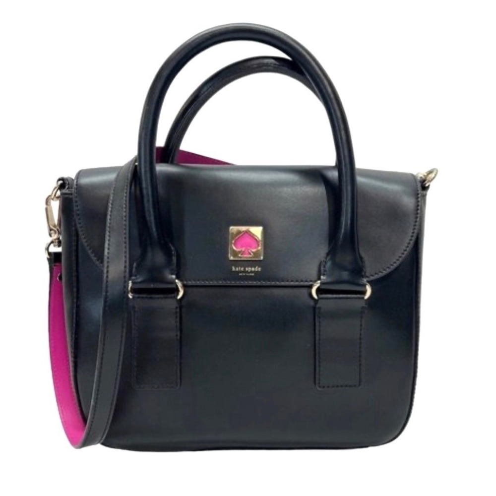 Kate Spade New York Black Leather Satchel Crossbody Pink Contrast Strap Handbag